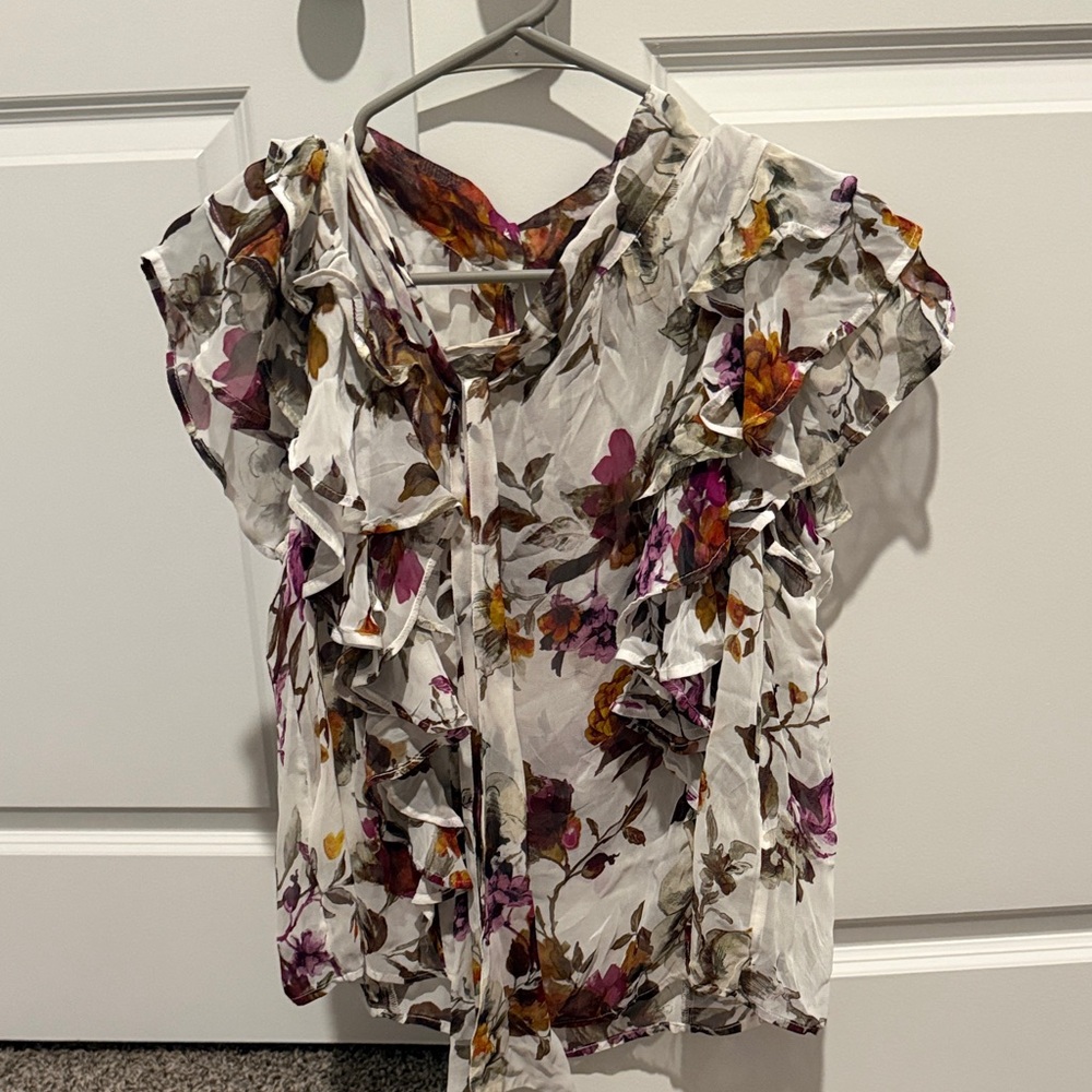 Anthropologie Floral Ruffle Blouse - White and Purple